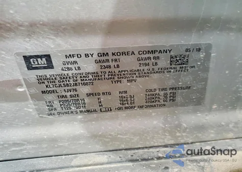 2018 Chevrolet Trax 1Lt z USA, uszkodzony, nr VIN KL7CJLSB2JB716072